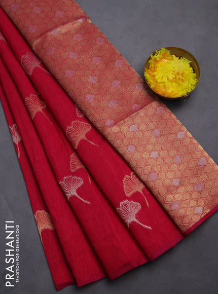 Semi jute linen saree magenta pink with silver and gold zari woven floral buttas in borderless style