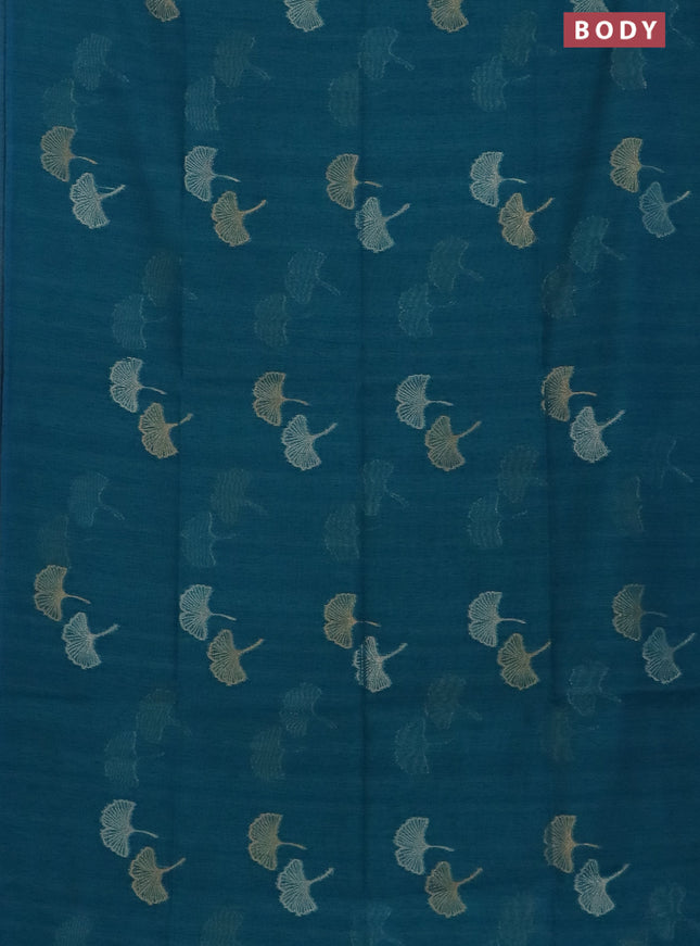 Semi jute linen saree peacock blue with silver and gold zari woven floral buttas in borderless style