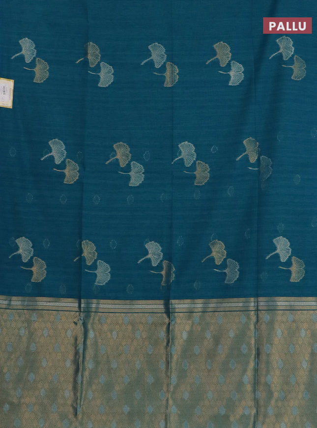 Semi jute linen saree peacock blue with silver and gold zari woven floral buttas in borderless style