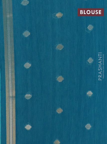 Semi jute linen saree peacock blue with silver and gold zari woven floral buttas in borderless style