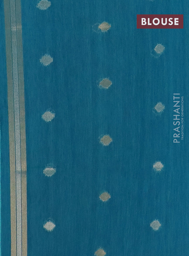 Semi jute linen saree peacock blue with silver and gold zari woven floral buttas in borderless style