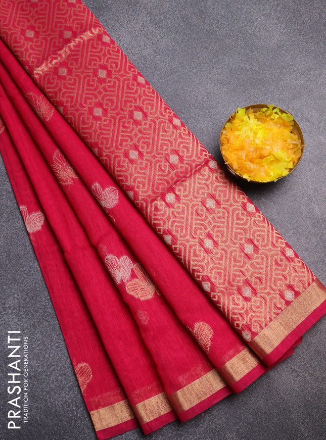 Semi jute linen saree magenta pink with silver & gold zari woven buttas and zari woven border
