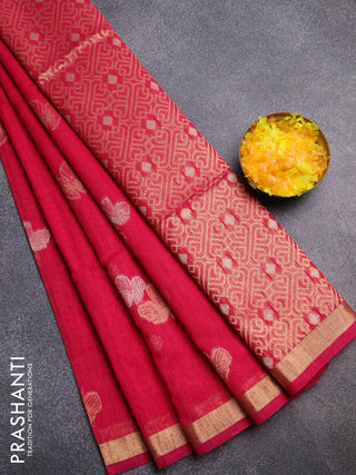 Semi jute linen saree magenta pink with silver & gold zari woven buttas and zari woven border