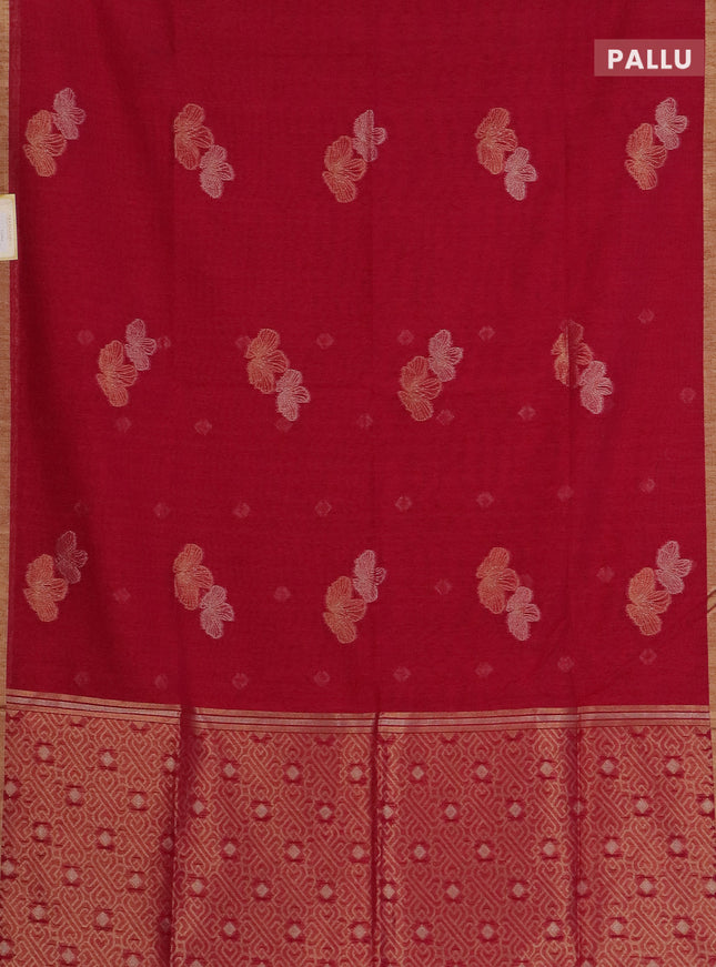 Semi jute linen saree magenta pink with silver & gold zari woven buttas and zari woven border