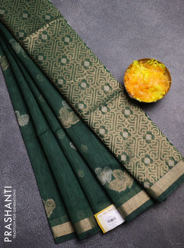 Semi jute linen saree bottle green with silver & gold zari woven buttas and zari woven border