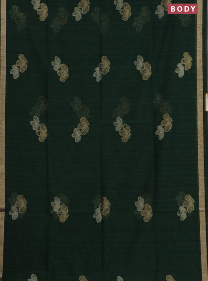 Semi jute linen saree bottle green with silver & gold zari woven buttas and zari woven border