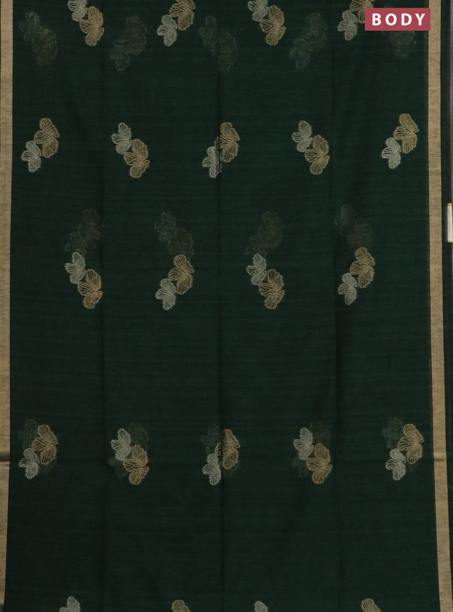 Semi jute linen saree bottle green with silver & gold zari woven buttas and zari woven border