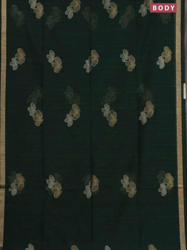 Semi jute linen saree bottle green with silver & gold zari woven buttas and zari woven border