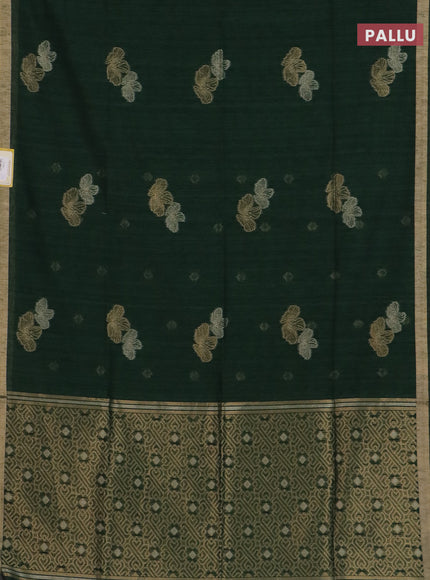 Semi jute linen saree bottle green with silver & gold zari woven buttas and zari woven border