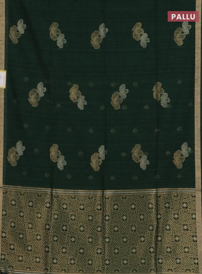 Semi jute linen saree bottle green with silver & gold zari woven buttas and zari woven border