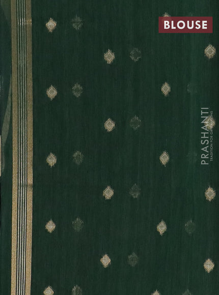Semi jute linen saree bottle green with silver & gold zari woven buttas and zari woven border