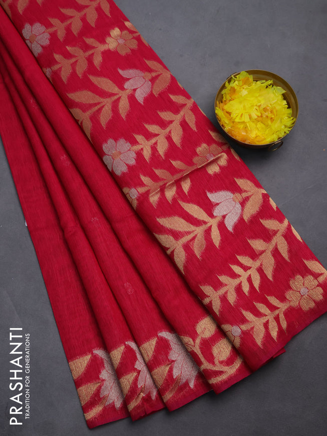 Semi jute linen saree pink with zari woven floral buttas and zari woven border