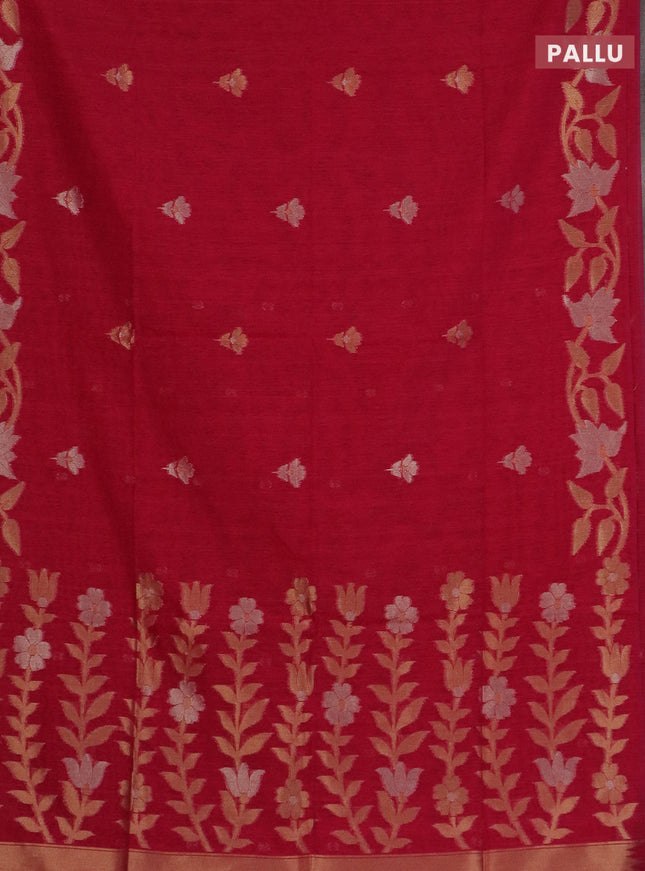Semi jute linen saree pink with zari woven floral buttas and zari woven border