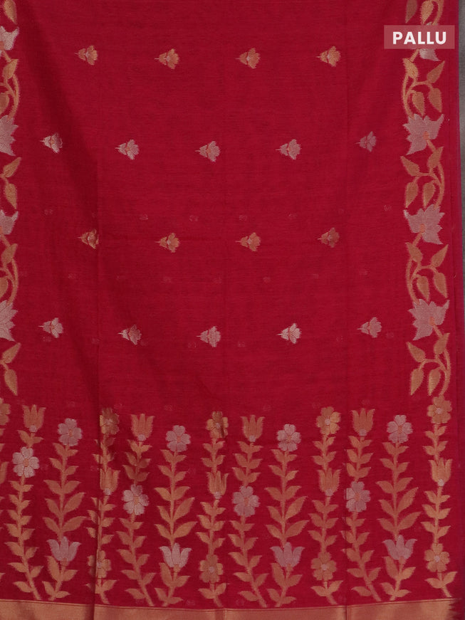 Semi jute linen saree pink with zari woven floral buttas and zari woven border