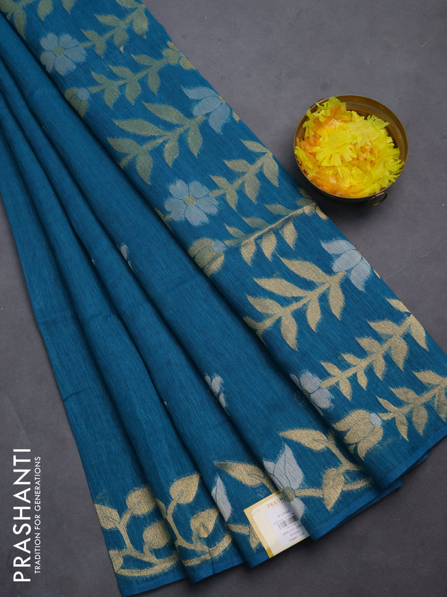 Semi jute linen saree teal blue with zari woven floral buttas and zari woven border