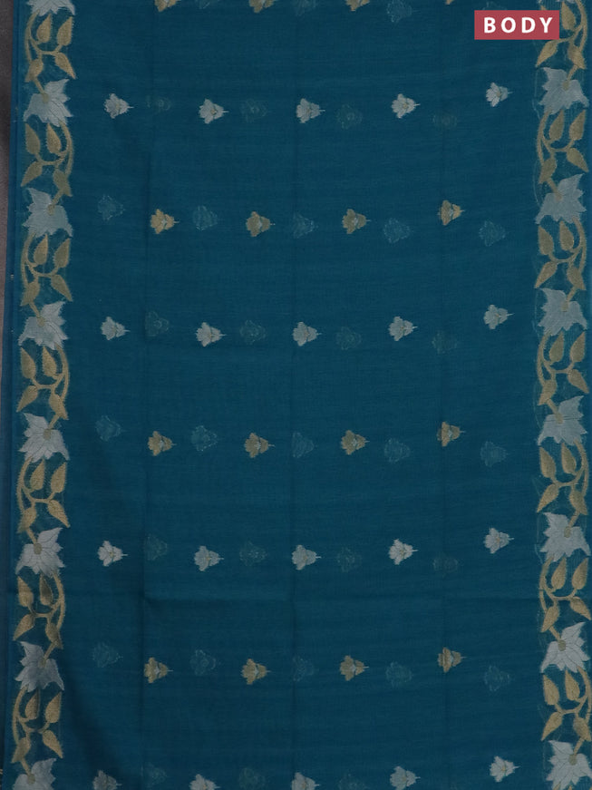 Semi jute linen saree teal blue with zari woven floral buttas and zari woven border