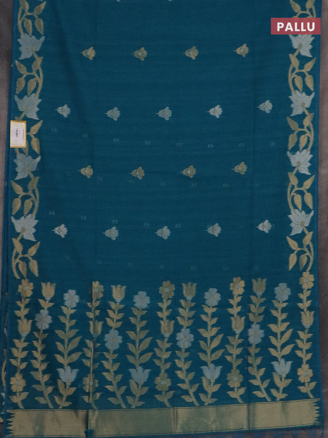 Semi jute linen saree teal blue with zari woven floral buttas and zari woven border