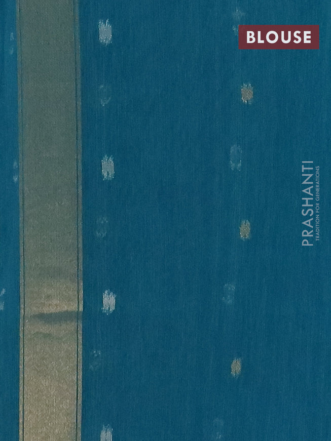 Semi jute linen saree teal blue with zari woven floral buttas and zari woven border