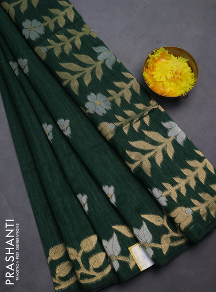 Semi jute linen saree bottle green with zari woven floral buttas and zari woven border