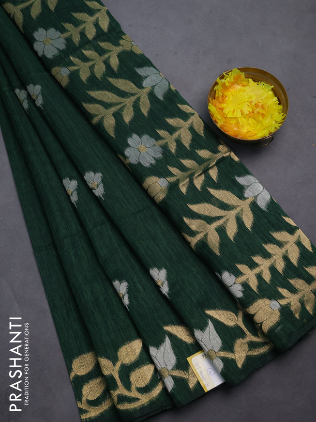 Semi jute linen saree bottle green with zari woven floral buttas and zari woven border