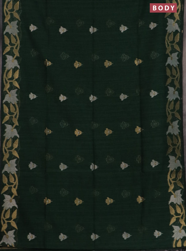 Semi jute linen saree bottle green with zari woven floral buttas and zari woven border