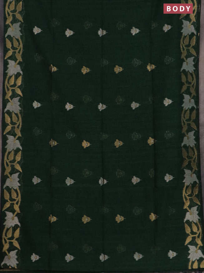 Semi jute linen saree bottle green with zari woven floral buttas and zari woven border