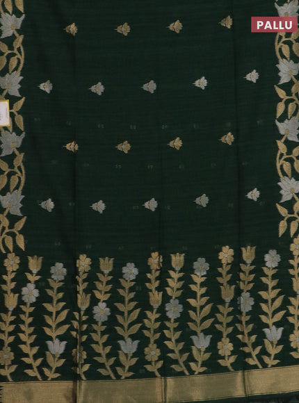 Semi jute linen saree bottle green with zari woven floral buttas and zari woven border