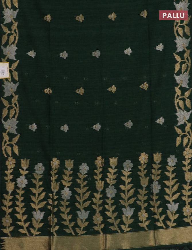 Semi jute linen saree bottle green with zari woven floral buttas and zari woven border