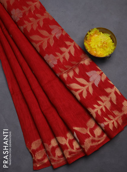 Semi jute linen saree red with zari woven floral buttas and zari woven border