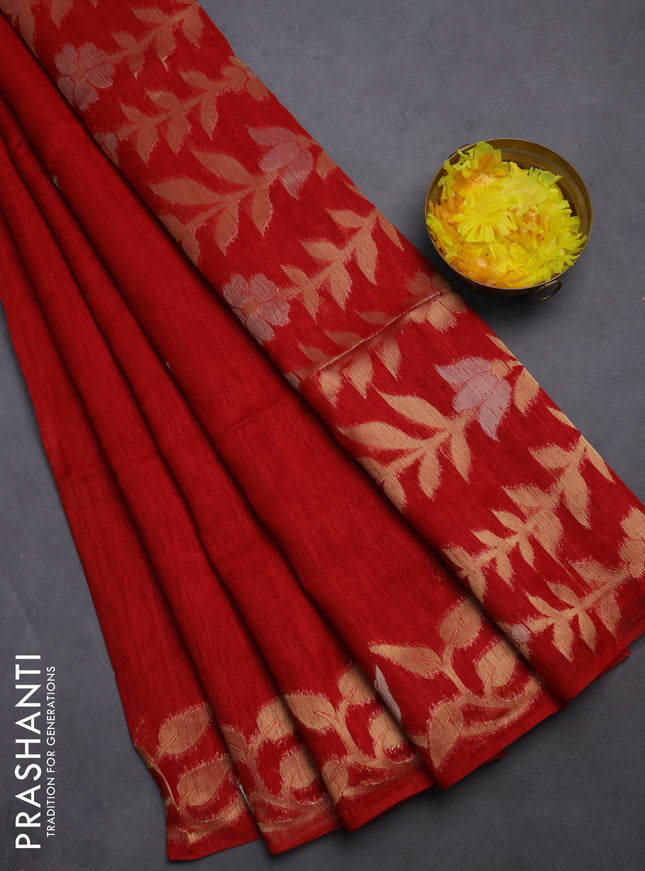 Semi jute linen saree red with zari woven floral buttas and zari woven border