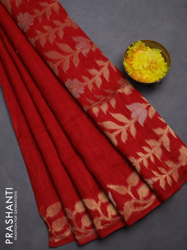 Semi jute linen saree red with zari woven floral buttas and zari woven border