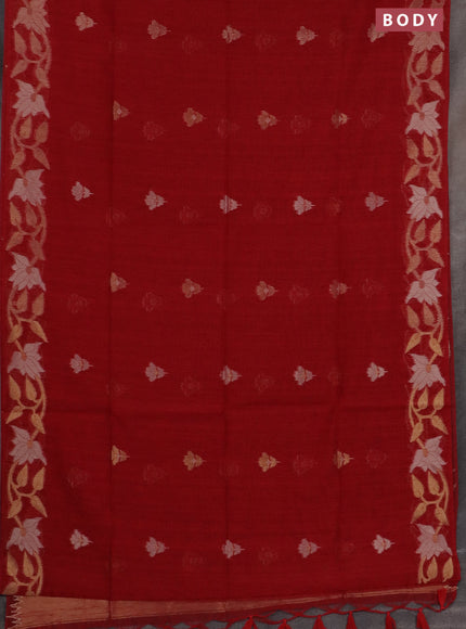 Semi jute linen saree red with zari woven floral buttas and zari woven border