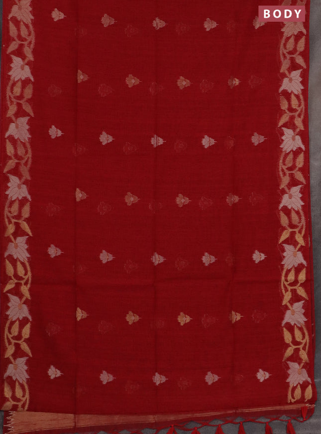 Semi jute linen saree red with zari woven floral buttas and zari woven border