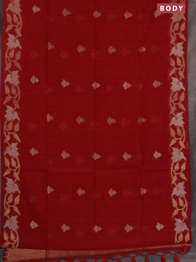 Semi jute linen saree red with zari woven floral buttas and zari woven border