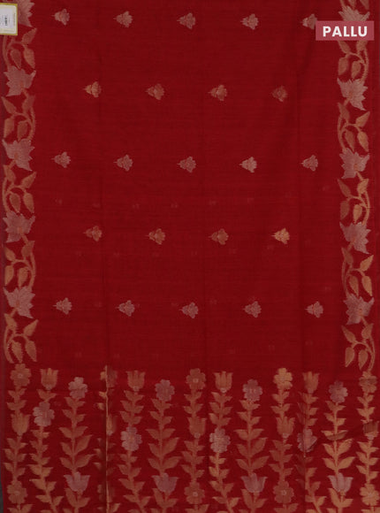 Semi jute linen saree red with zari woven floral buttas and zari woven border
