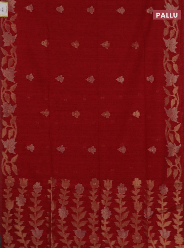 Semi jute linen saree red with zari woven floral buttas and zari woven border