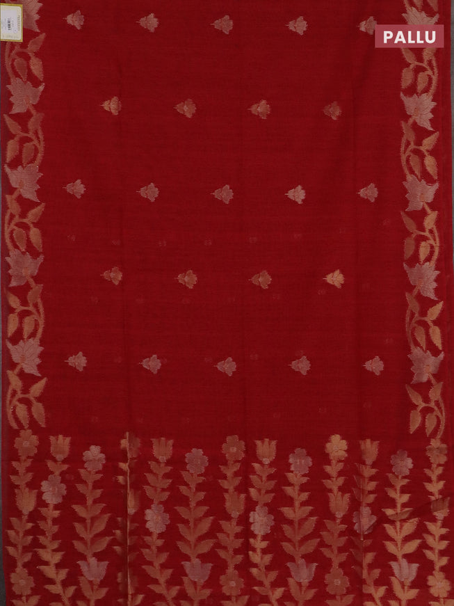 Semi jute linen saree red with zari woven floral buttas and zari woven border