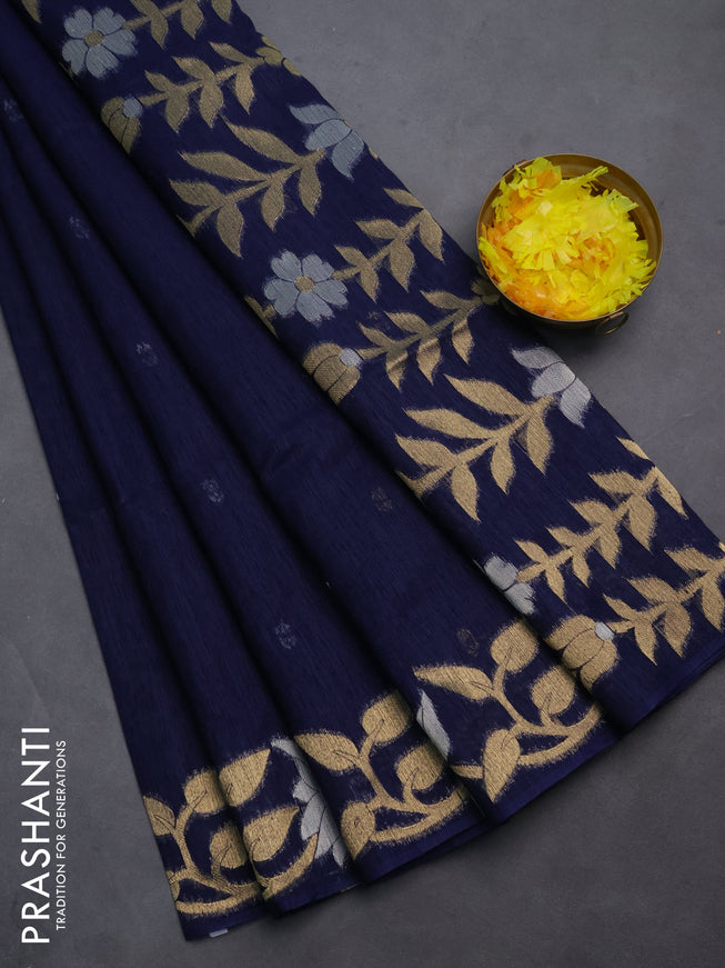 Semi jute linen saree navy blue with zari woven floral buttas and zari woven border