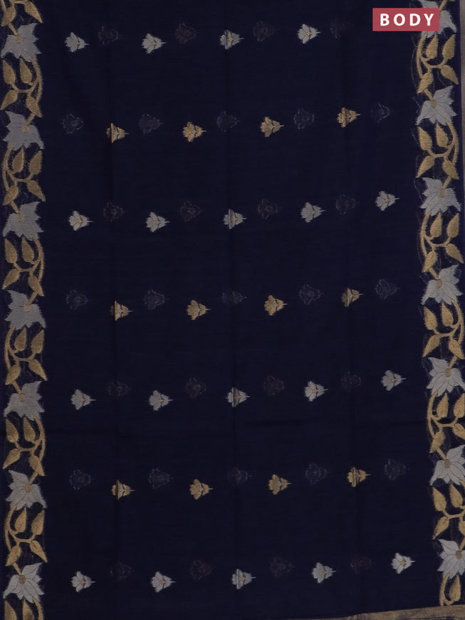 Semi jute linen saree navy blue with zari woven floral buttas and zari woven border