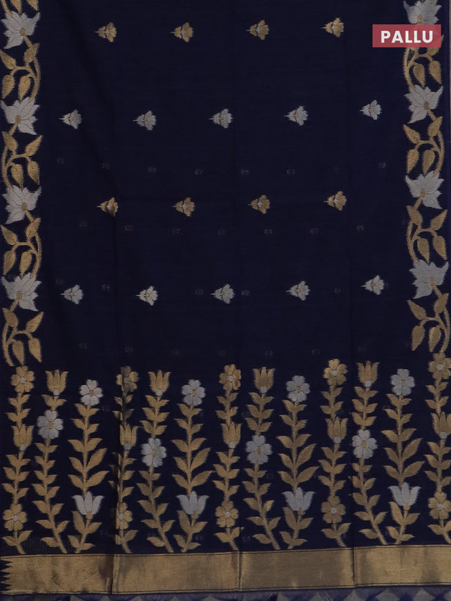 Semi jute linen saree navy blue with zari woven floral buttas and zari woven border