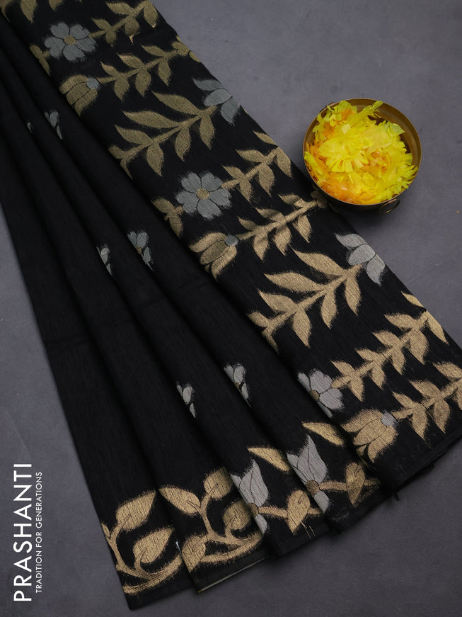 Semi jute linen saree black with zari woven floral buttas and zari woven border