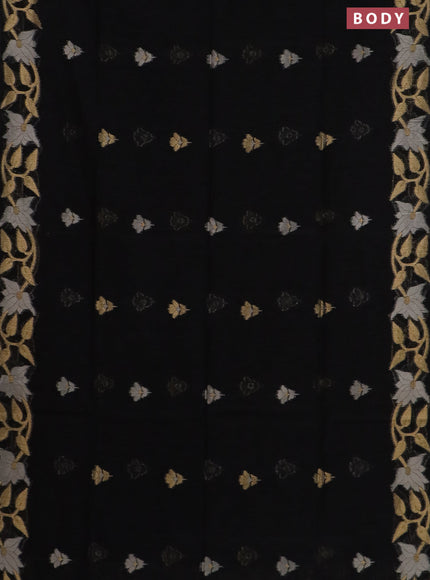 Semi jute linen saree black with zari woven floral buttas and zari woven border
