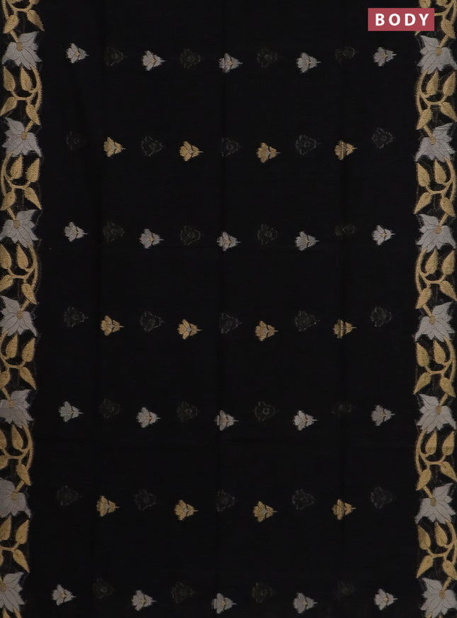 Semi jute linen saree black with zari woven floral buttas and zari woven border