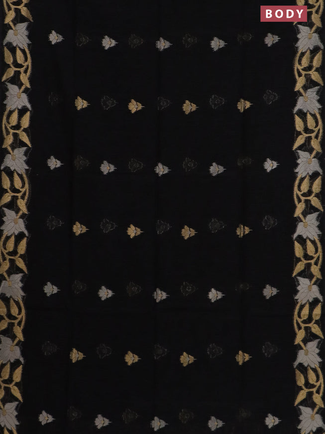 Semi jute linen saree black with zari woven floral buttas and zari woven border