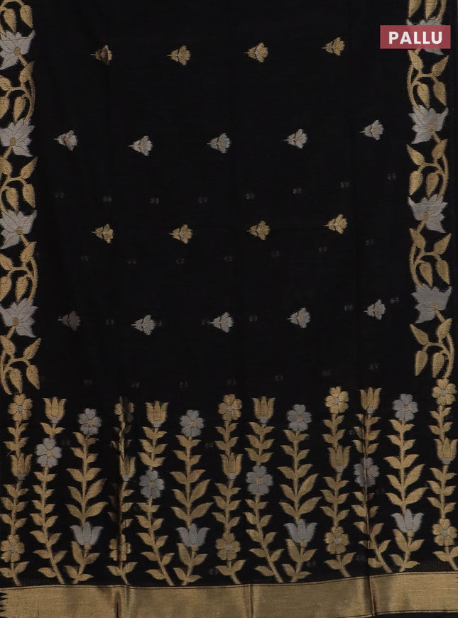 Semi jute linen saree black with zari woven floral buttas and zari woven border
