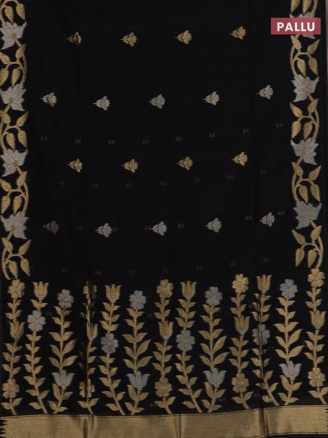 Semi jute linen saree black with zari woven floral buttas and zari woven border