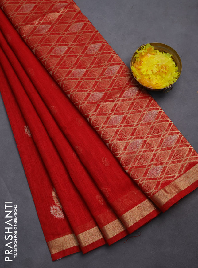 Semi jute linen saree red with silver & gold zari woven buttas and zari woven border