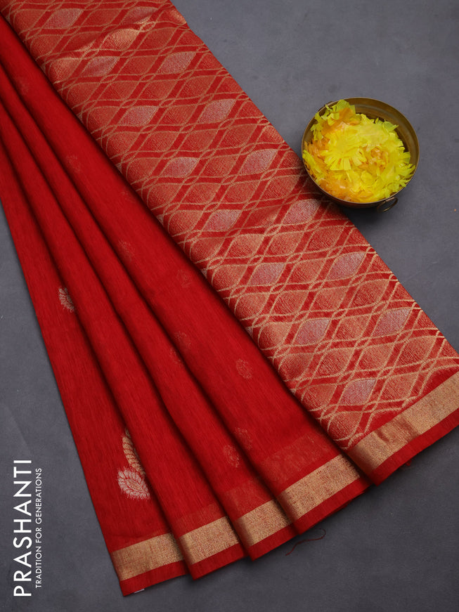 Semi jute linen saree red with silver & gold zari woven buttas and zari woven border