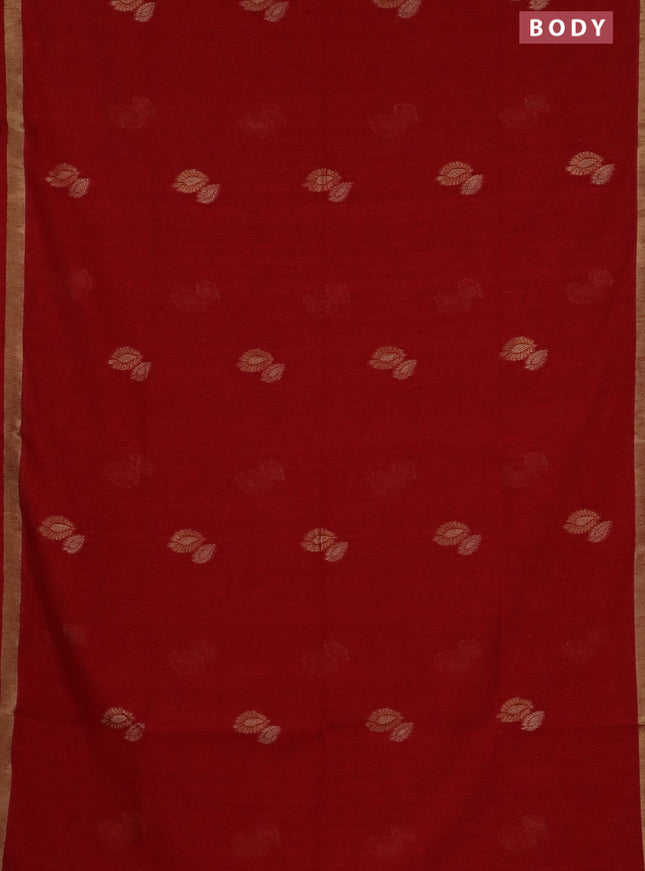 Semi jute linen saree red with silver & gold zari woven buttas and zari woven border
