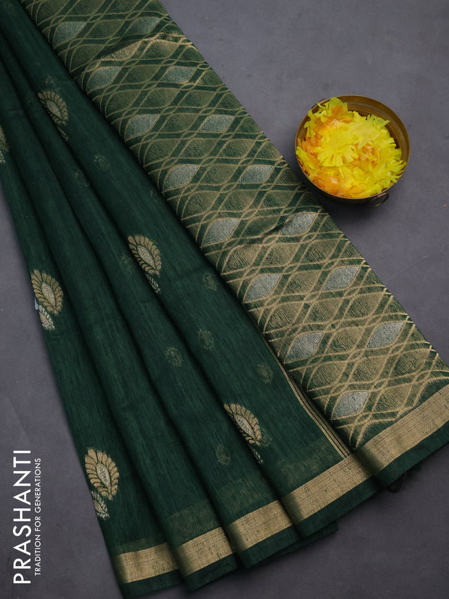 Semi jute linen saree bottle green with silver & gold zari woven buttas and zari woven border